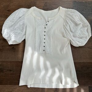 Anthropology white knit top with eyelet sleeve and placket size M
